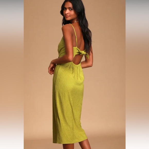 Lulus View and I Chartreuse Tie-Back Faux-Wrap Midi Dress - Picture 4 of 14